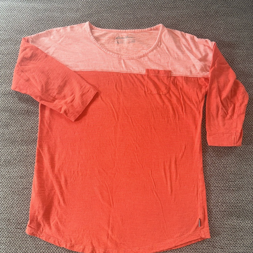 Eddie Bauer Outdoor Orange Striped Cotton 3/4 Sleeve Top